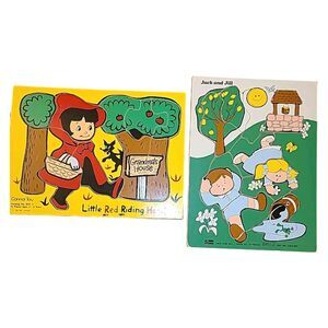 2 Vintage Connor Toy Wooden Board Puzzles Jack And Jill & Little Red Riding Hood